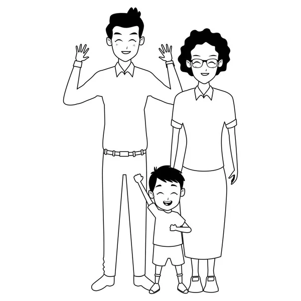 Los padres de familia y los niños dibujos animados en blanco y negro — Archivo Imágenes Vectoriales