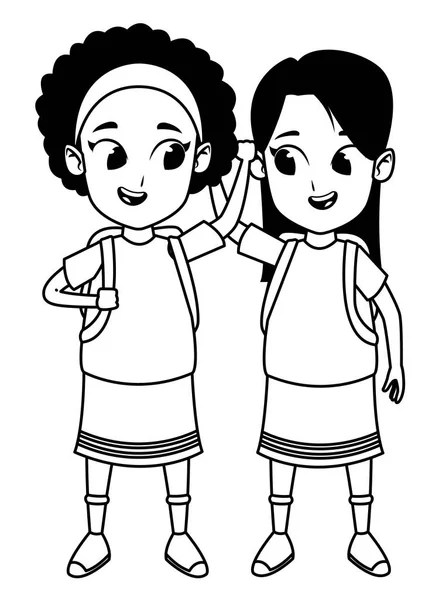 Niños adorables estudiantes niñas dibujos animados en blanco y negro — Vector de stock