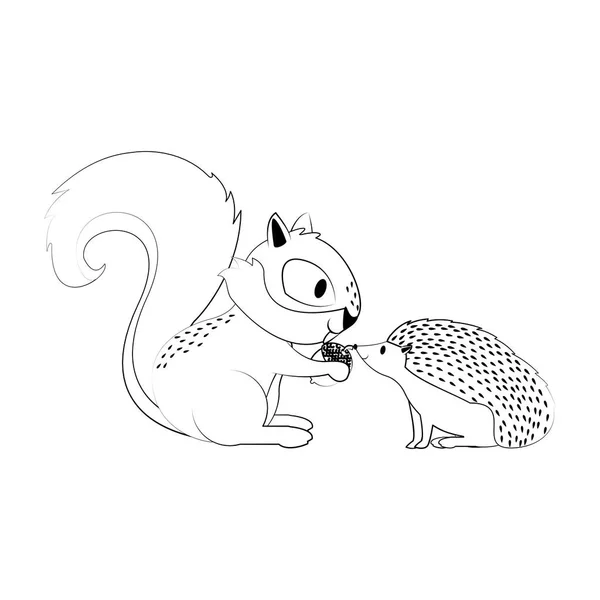 Squirrel and porcupine with nut cartoon in black and white — Stock Vector