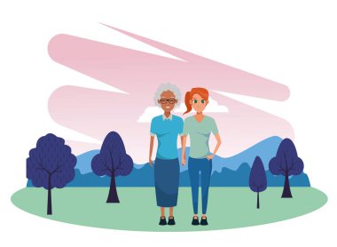 Anne ve yetişkin kızı birlikte karikatür