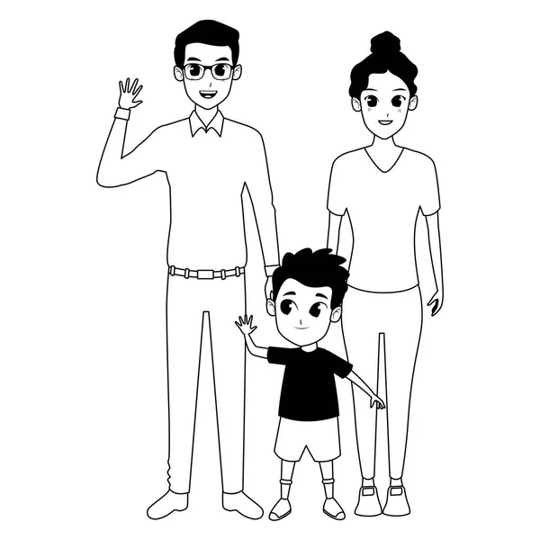 Familj föräldrar och barn karikatyrer i svart och vitt — Stock vektor
