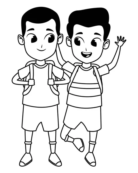 Caricatura de los estudiantes de la escuela adorable de la infancia en blanco y negro — Vector de stock