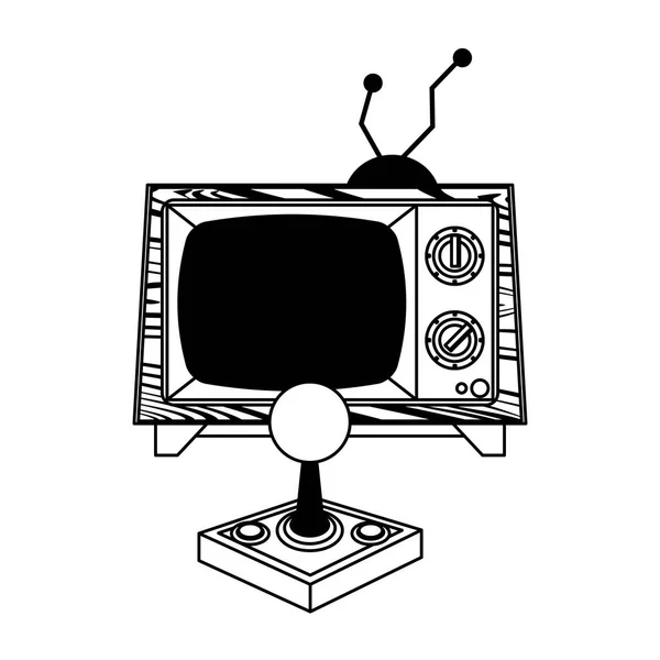Ρετρό παιχνίδι παιχνιδιών κονσόλα βιντεοπαιχνιδιών με παλιά τηλεόραση σε μαύρο και άσπρο — Διανυσματικό Αρχείο