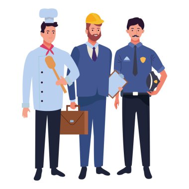 Profesyoneller işçi karakterleri çizgi film gülümseyen