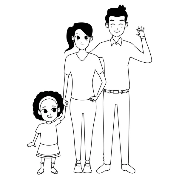 Família pais jovens com criança pequena em preto e branco —  Vetores de Stock