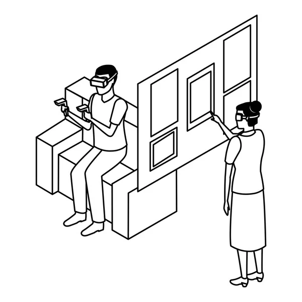 Realidade virtual tecnologia experiência cartoon em preto e branco — Vetor de Stock