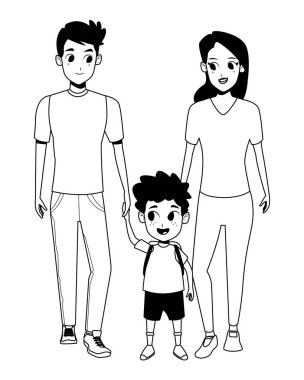 Siyah beyaz çocuklu aile genç ebeveynler karikatür