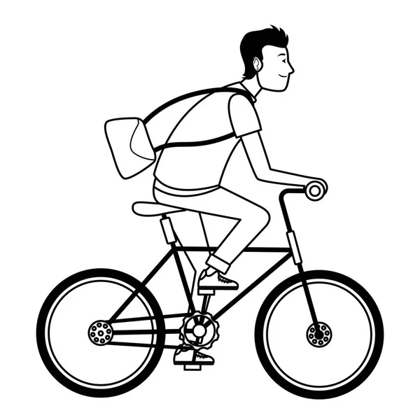 Jeune homme chevauchant sur le vélo dessin animé en noir et blanc — Image vectorielle