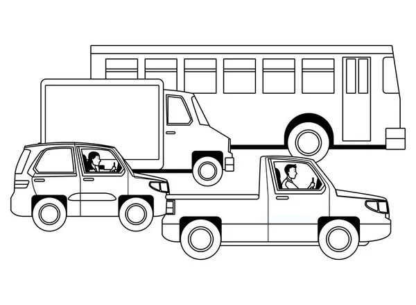 Personas que conducen vehículos en el tráfico en blanco y negro — Vector de stock