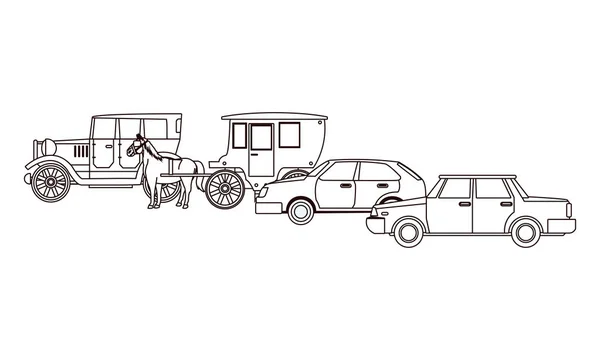 흑백 클래식 자동차와 마차 차량 — 스톡 벡터