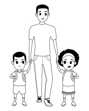Siyah beyaz çocukkarikatür ile Aile tek ebeveyn