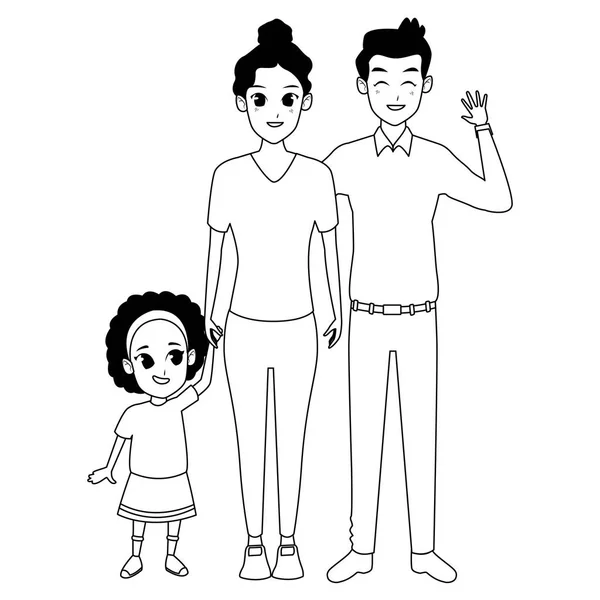 Família pais jovens com criança pequena em preto e branco — Vetor de Stock