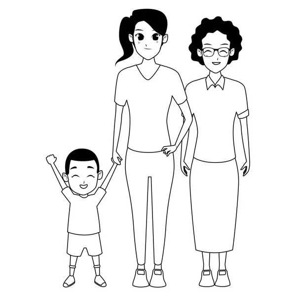 Famille afro grand-mère avec fille et petite-fille en noir et blanc — Image vectorielle