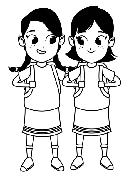 Niños adorables estudiantes niñas dibujos animados en blanco y negro — Vector de stock