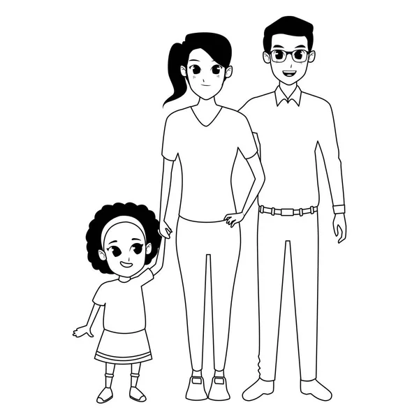 Familia padres jóvenes con niño pequeño en blanco y negro — Archivo Imágenes Vectoriales