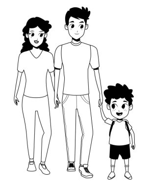 Siyah beyaz çocuklu aile genç ebeveynler karikatür