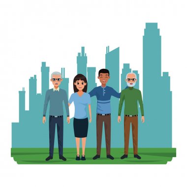 Yetişkin kızı ve afro oğlu karikatür ile Aile yaşlı babalar