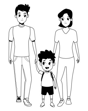 Siyah beyaz çocuklu aile genç ebeveynler karikatür