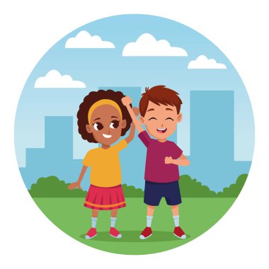 Küçük çocuklar eğlenceli ve gülümseyen karikatürler sahip