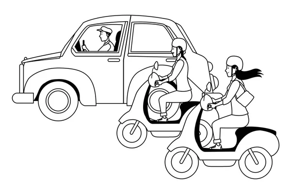 Vehículos y motocicletas con conductor en blanco y negro — Vector de stock