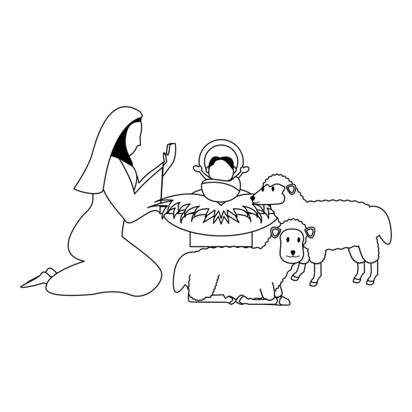Feliz Navidad Natividad caricatura cristiana en blanco y negro — Archivo Imágenes Vectoriales