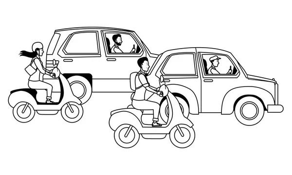 Vehículos y motocicletas con conductor en blanco y negro — Vector de stock