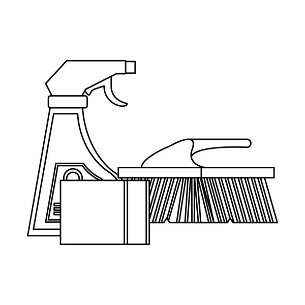Set van reinigingsapparatuur en producten in zwart-wit — Stockvector