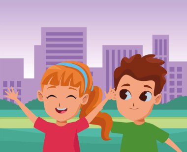 Sevimli çocuklar park karikatür oynarken