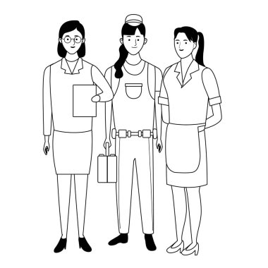 Profesyoneller işçi karakterleri siyah beyaz karikatürler gülümseyen