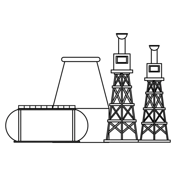 Dessin animé usine de gaz de raffinerie de pétrole en noir et blanc — Image vectorielle