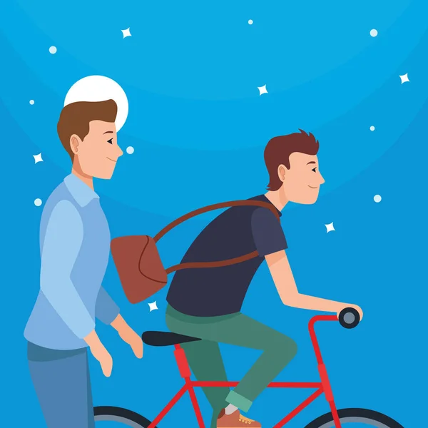 Vrienden rijden met fiets en elektrische scooter — Stockvector