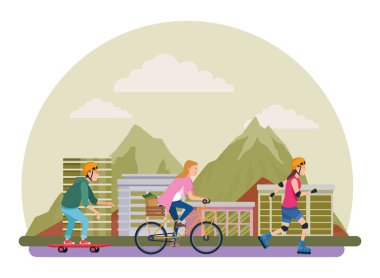 Sakteboard, paten ve bisiklet ile genç peple