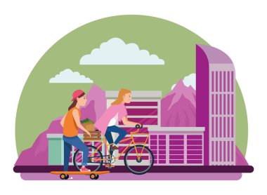 Arkadaşlar kaykay ve bisiklet ile sürme