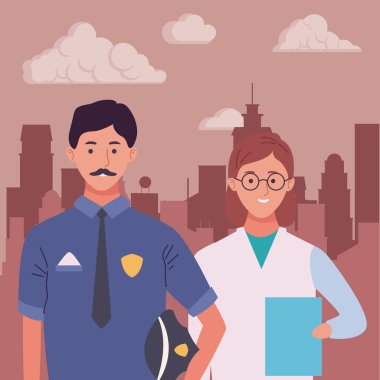 Profesyoneller işçiler çift gülümseyen karikatürler