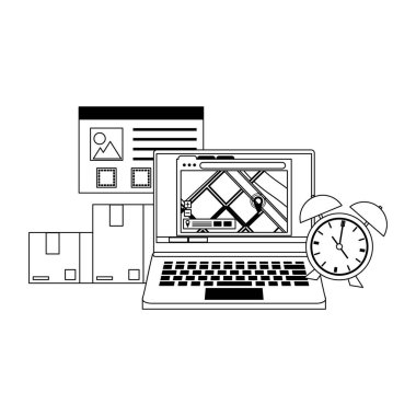 siyah beyaz lojistik ve teslimat nakliye karikatür