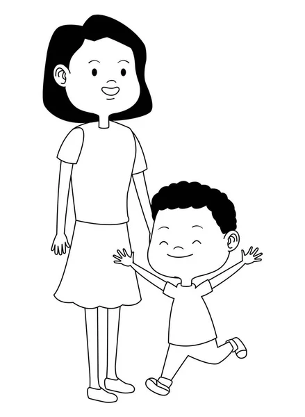 Familia madre soltera con dibujos animados para niños en blanco y negro — Archivo Imágenes Vectoriales