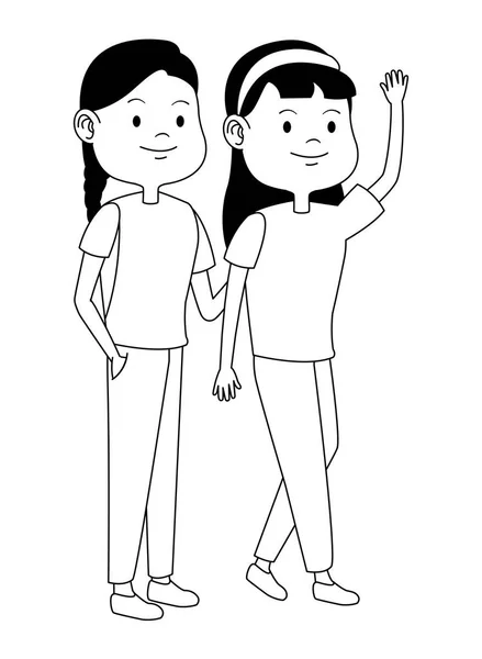 Друзі-підлітки посміхаються і вітають карикатури в чорно-білому — стоковий вектор