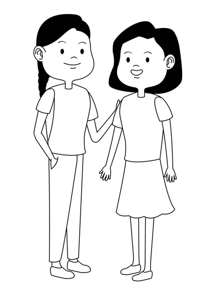 Adolescentes amigos sonriendo y saludando dibujos animados en blanco y negro — Vector de stock