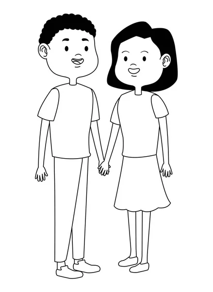 Adolescentes amigos sonriendo y saludando dibujos animados en blanco y negro — Vector de stock