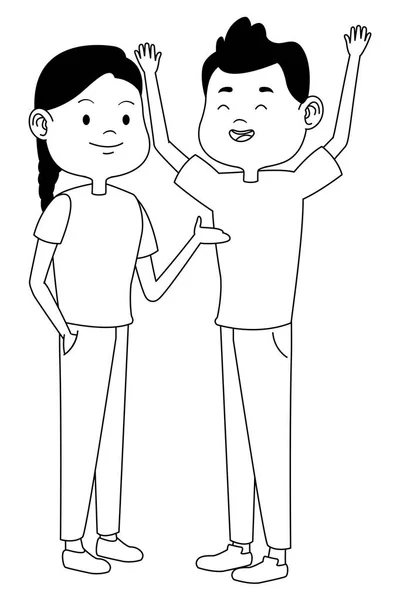 Adolescentes amigos sonriendo y saludando dibujos animados en blanco y negro — Vector de stock