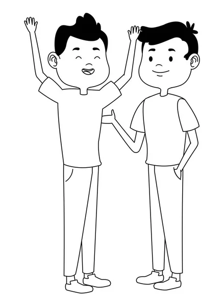 Adolescentes amigos sonriendo y saludando dibujos animados en blanco y negro — Vector de stock