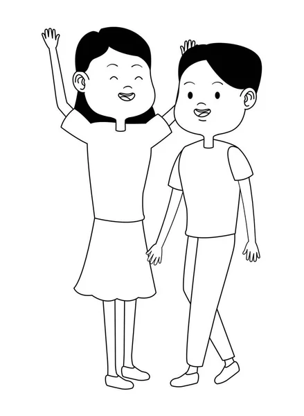 Tonåringar vänner leende och hälsning karikatyrerna i svart och vitt — Stock vektor