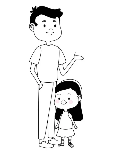 Sungle padre con niños dibujos animados en blanco y negro — Vector de stock