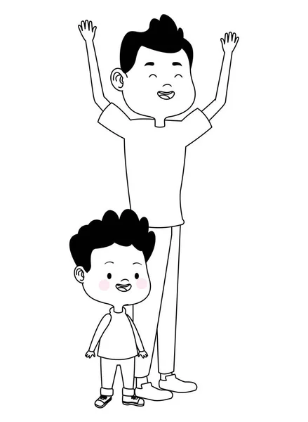 Sungle padre con niños dibujos animados en blanco y negro — Vector de stock