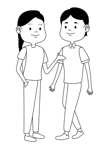 Adolescentes amigos sonriendo y saludando dibujos animados en blanco y negro — Vector de stock