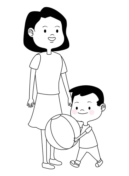 Famille mère célibataire avec des enfants dessin animé en noir et blanc — Image vectorielle