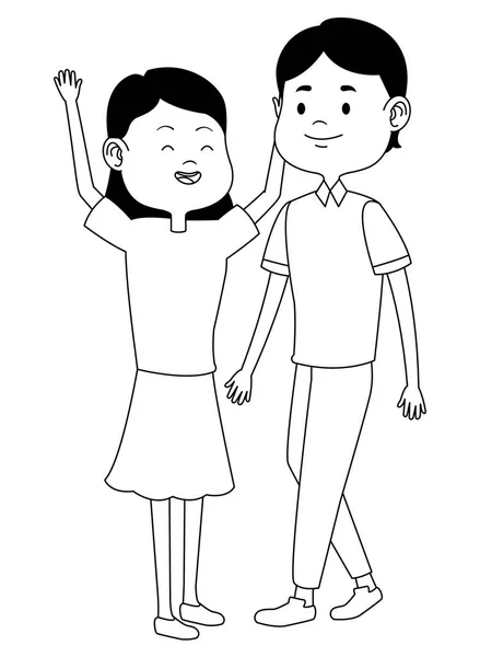 Adolescentes amigos sonriendo y saludando dibujos animados en blanco y negro — Vector de stock