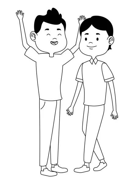 Друзі-підлітки посміхаються і вітають карикатури в чорно-білому — стоковий вектор