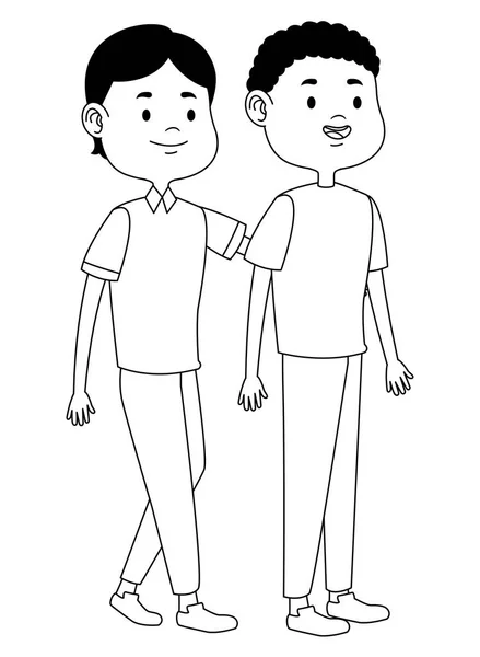 Adolescentes amigos sonriendo y saludando dibujos animados en blanco y negro — Archivo Imágenes Vectoriales