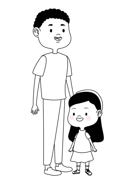Sonnenbrille Vater mit Kindern Karikaturen in schwarz-weiß — Stockvektor